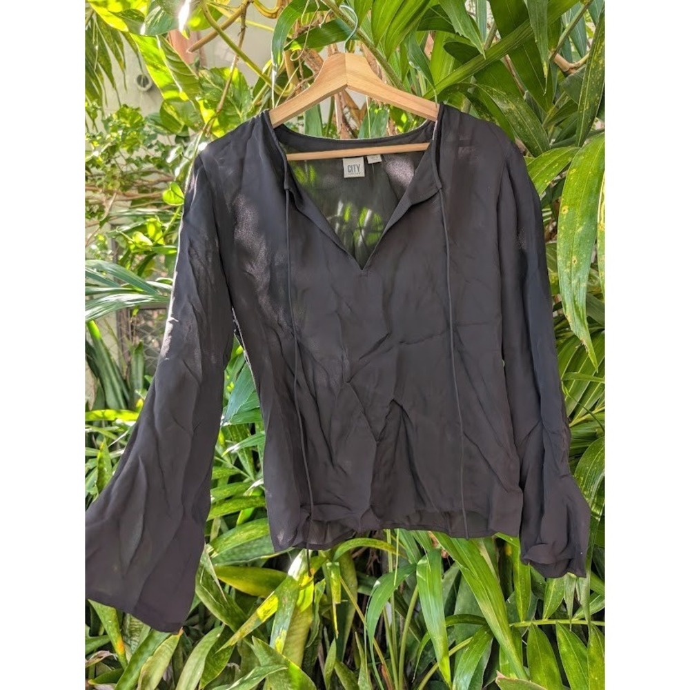 City DKNY black sheer silk blouse 4 flared sleeves whimsygoth boho fairy chiffon
